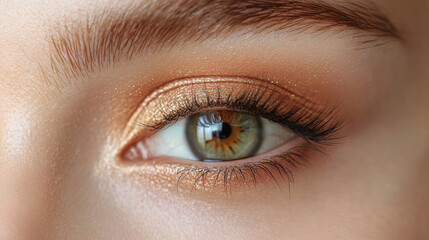 Fototapeta premium Close up shot of a beautiful woman's eye with expertly applied golden eyeshadow highlighting her natural beauty and captivating gaze in stunning detail.