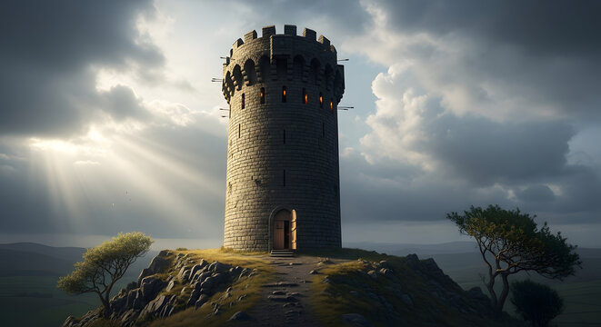 Ancient stone tower standing tall on rocky outcrop.