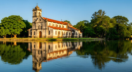 Fototapeta premium Beautiful Old Church Reflected in Calm Water.