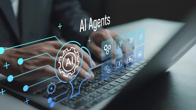 AI agents and content marketing concept. Person typing keyboard with artificial intelligence and digital marketing icons, automated content creation, audience engagement and online promotion.