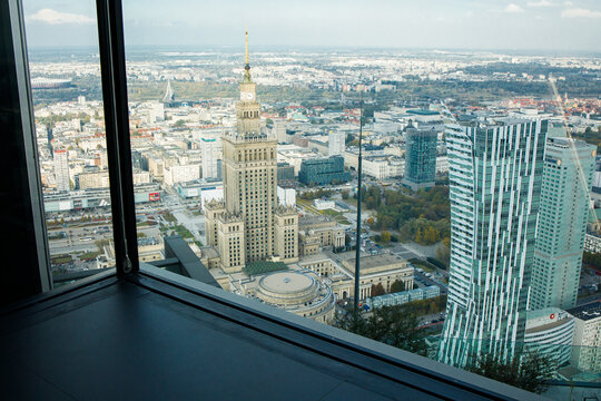New freshly opened observation platform in Warsaw. Downtown panoramic view from Varso tower skyscraper on 8 of October, 2025 in Warsaw, Poland