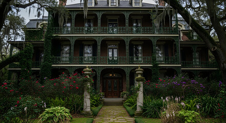 Fototapeta premium Historic Southern Mansion with Spanish Moss and Oak Trees.