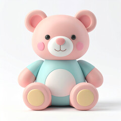 Obraz premium A charming 3D teddy bear toy in soft pastel colors on a white background. Minimalist design, soft volumetric shapes and friendly appearance create the perfect image for a children's theme.