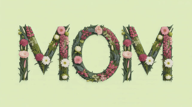 Floral letters spelling out mom on a light green background with flowers