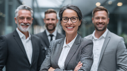 professional business team portrait in modern corporate office featuring smiling executives in suits expressing teamwork leadership confidence and company achievement through strong collaboration