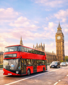A red double-decker bus is driving down a street in London