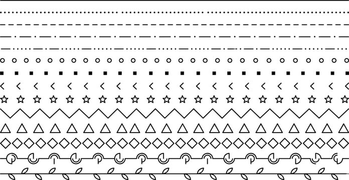 Geometric divider lines set with dots dashes circles squares triangles diamonds stars zigzag wave and leaf decorative separators minimal line art elements on transparent background