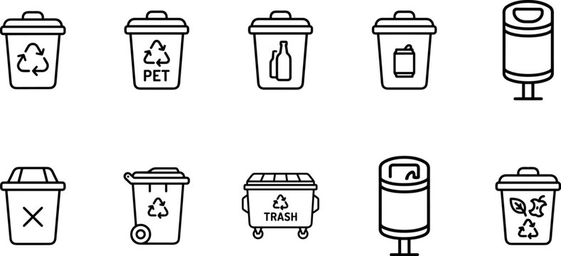 Recycling and trash bin icons set with waste containers for plastic glass metal can and organic disposal, eco recycling sanitation symbols isolated on transparent background