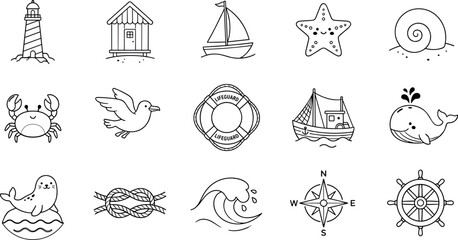Outline nautical sea icons set with lighthouse sailboat starfish shell crab seagull lifebuoy boat whale seal rope knot wave compass and ship wheel isolated on transparent background © Yurii