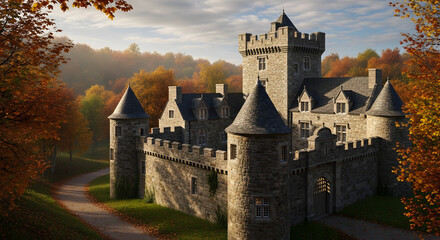 Obraz premium Majestic Medieval Castle Fortress Surrounded by Autumn Foliage.