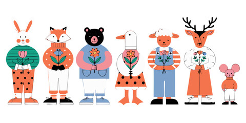 Watercolor spring animals clipart: bunny, fox, bear, duck, lamb, deer, mouse. Collection of Vector illustrations. Perfect for invitation, card, poster, banner, decoration