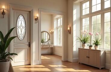 Fototapeta premium Interior foyer with bright natural light streaming through large windows. Elegant door with oval glass insert, console table with mirror, potted plants add decorative touches to create welcoming home