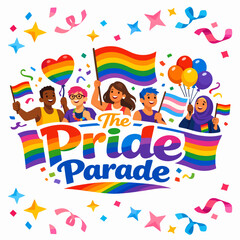 Obraz premium Joyful pride parade illustration with rainbow flags, cheering crowd, and festive banners, celebrating equality, community spirit, inclusivity, diversity, and LGBTQ empowerment