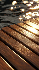 Fototapeta premium Sunlight reflects beautifully off of rippling water onto a wooden dock creating a warm and inviting ambiance on a peaceful summer day by the lake or sea.
