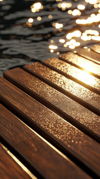 Sunlight reflects beautifully off of rippling water onto a wooden dock creating a warm and inviting ambiance on a peaceful summer day by the lake or sea.
