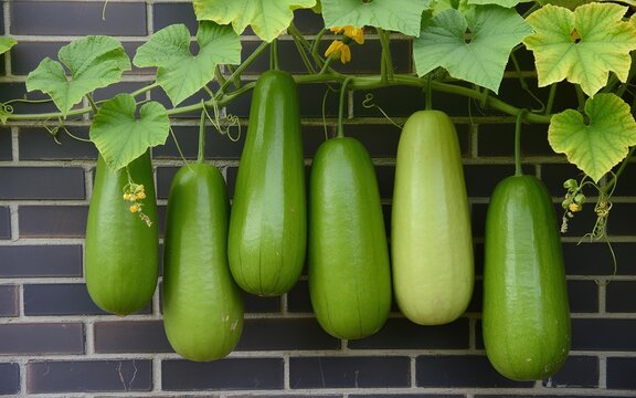 A Cluster of Six Hanging Smooth Green Opo Squashes on a Brick Wall.