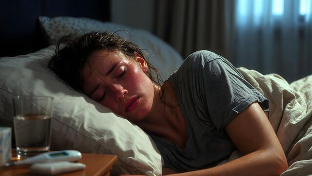 Sick Young Woman with High Fever Sweating in Bed at Night
