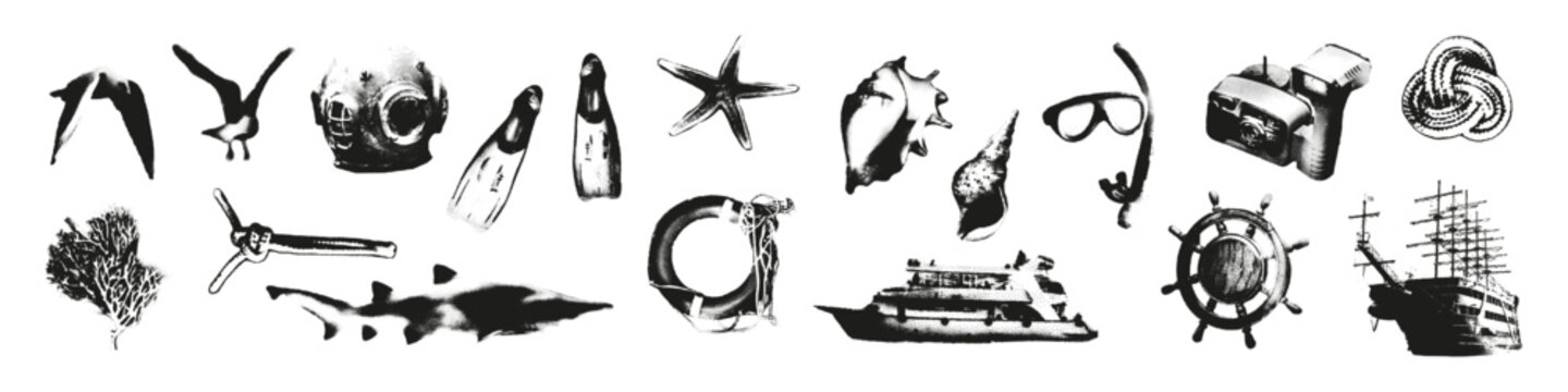 Halftone nautical stipple elements set. Monochrome vintage diving and snorkeling stickers, grunge punk underwater elements with dot texture for y2k collage design. Retro photocopy vector illustration