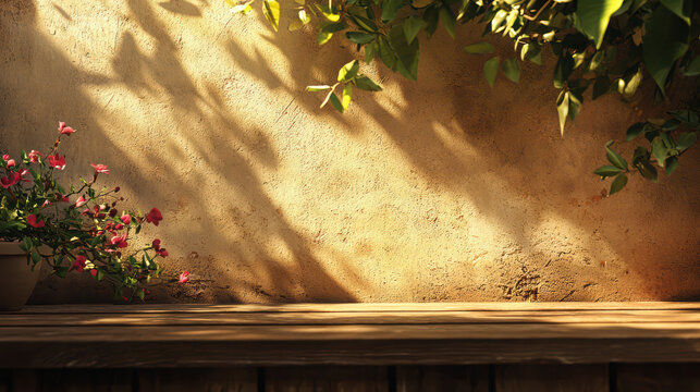 Sunlight ds a textured wall and wooden surface beside potted pink flowers and leafy branches, creating a serene and natural backdrop with inviting warmth.