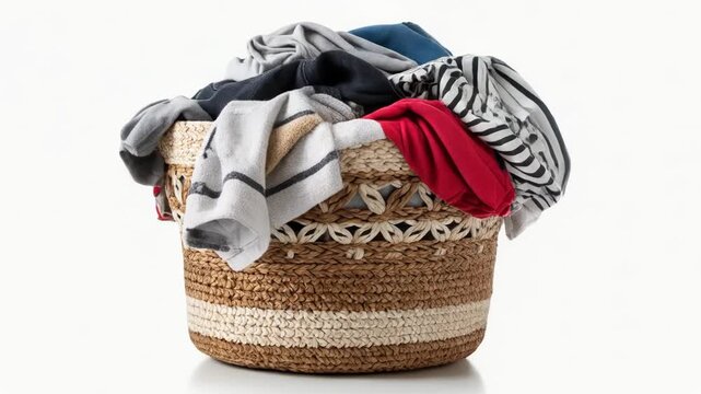 A wicker laundry basket overflowing with assorted colorful clothes