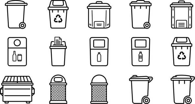 Recycling and trash bin icons set with garbage containers for plastic glass metal bottles and cans, waste management sanitation symbols isolated on transparent background