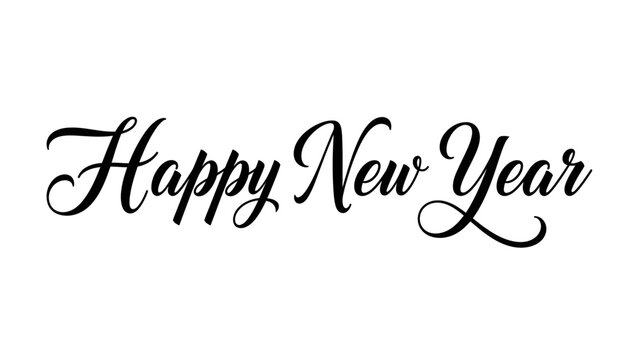 Elegant Calligraphic 'Happy New Year' Text Design in Black Script Font, Perfect for Festive Celebrations, Holiday Greetings, and Seasonal Event Promotions