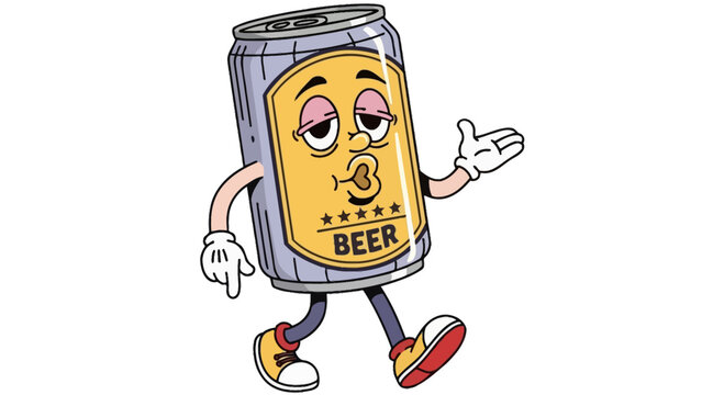 Whimsical cartoon character of a beer can with a kissy face and arms and legs, walking with a lighthearted stride