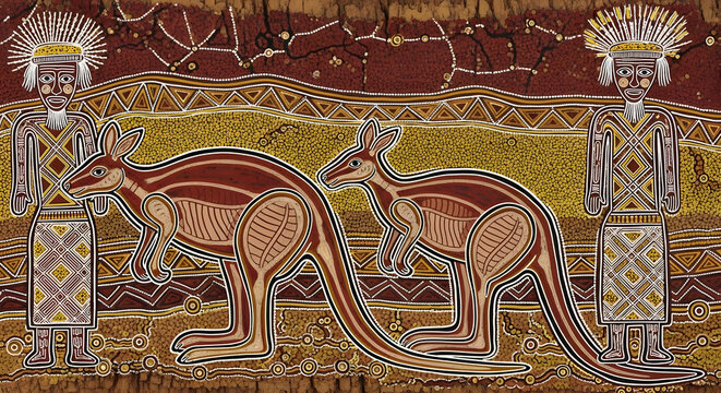 Two Kangaroos and Indigenous Australian Figures.