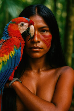 Woman with parrot in lush jungle