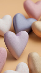 Obraz premium Pastel colored heart shaped candy on a soft tan background creates a romantic and sweet feeling suitable for themes of love and Valentines celebrations.