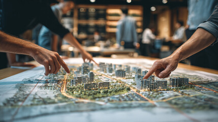 professional urban planning team analyzing detailed maps and architectural model in office meeting to develop city construction blueprint and real estate development strategy