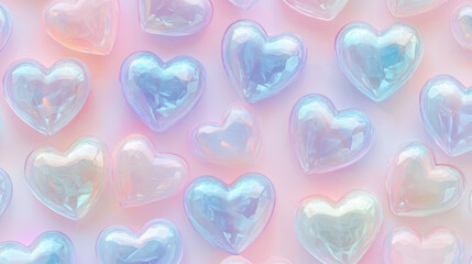 Obraz premium A charming arrangement of iridescent heart shaped objects cast a rainbow of pastel colors against a soft gradient background, creating a playful and lovely design.