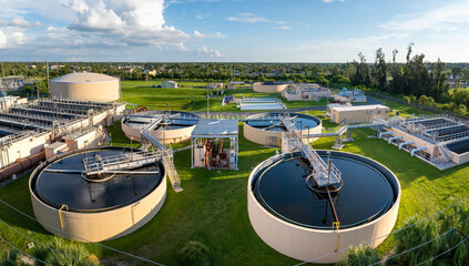 Large-scale industrial water treatment plant purifying and recycling water through filtration and...