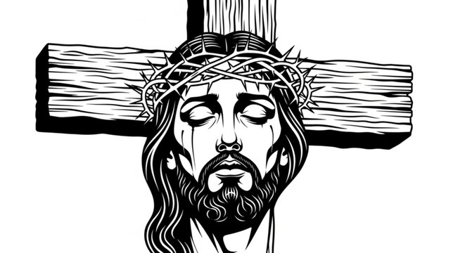 A black and white illustration of Jesus Christ on the cross with a crown of thorns