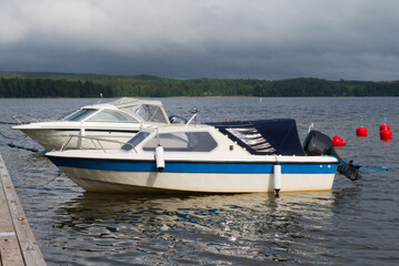 Motorboats moored on Heposelka lake in Kangasala, Finland
