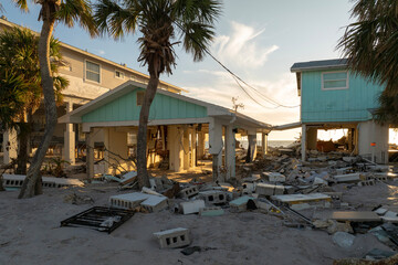 Storm surge severe damage to waterfront houses after hurricane Milton in Englewood, Florida. Destroyed homes on gulf coast