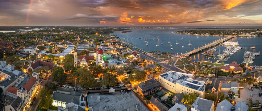 St. Augustine, Florida. Panoramic cityscape with old historical architecture. Popular tourist place for family travel