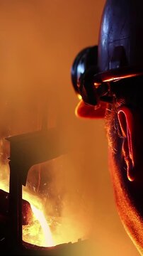 Liquid metal in the foundry, melting iron in furnace, steel mill. Worker with goggles and helmet watching and controlling iron smelting in furnaces