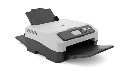 A digital black laser printer office machine and plastic electronic technology device isolated on a white background for business print equipment
