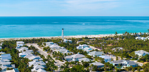 Wealthy waterfront residential area. Rich neighborhood with expensive vacation homes and white...