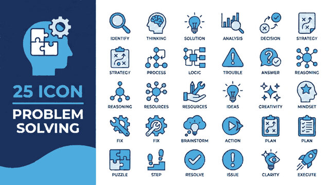 Professional problem solving flat vector icons set with 25 concepts in blue and white tones