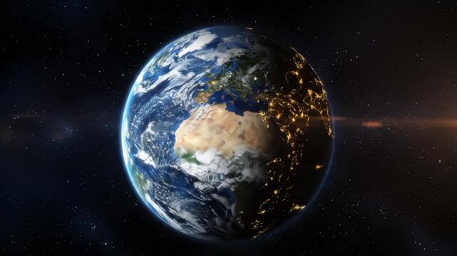 Slow zoom on Earth showing day and night sides from space