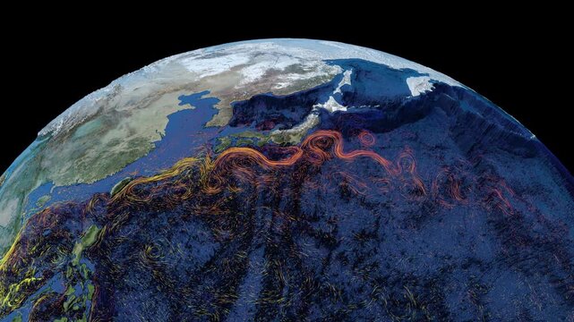 Graphic representation of ocean currents in waters of the oceans around Japan with temperature representation. Elements of this image furnished by NASA