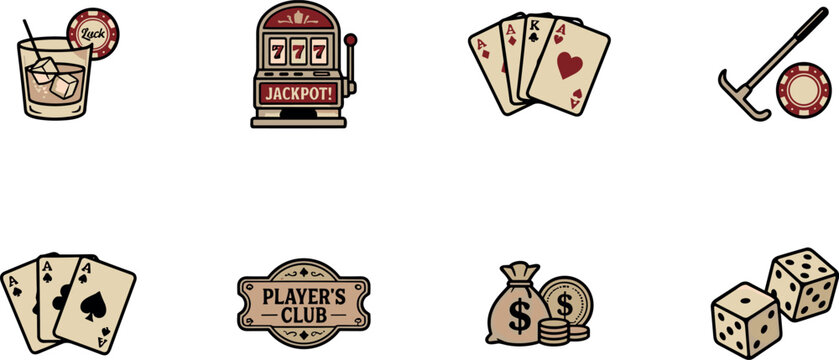 Casino gambling icons set with poker cards slot machine jackpot dice chips whiskey cocktail glass money bag player club sign and polo mallet vintage style illustration on transparent background