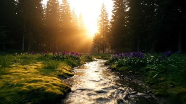 Low angle flying over cracked earth towards sunny forest stream