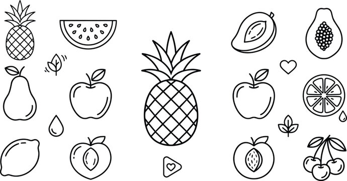 Fruit line icons collection including pineapple apple pear watermelon papaya citrus lemon peach cherry and tropical fruits outline illustration set on white background