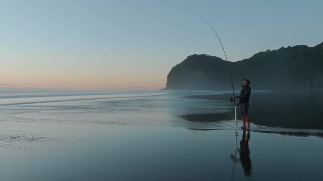 A lone fisherman casts his line into the surf at sunset in Piha, Auckland, New Zealand. He is hoping to catch fish for dinner, enjoying the peace of the ocean.