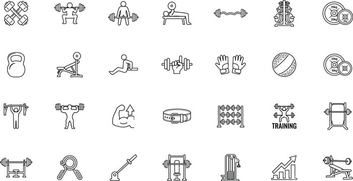 Fitness gym outline icons set with barbell dumbbell kettlebell bench press squat deadlift weight plates gloves belt and strength training equipment line illustration