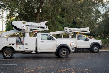 Two white bucket trucks parked side by side on an asphalt lot beneath large trees, showing folded boom lifts and service bodies outdoors in America © K