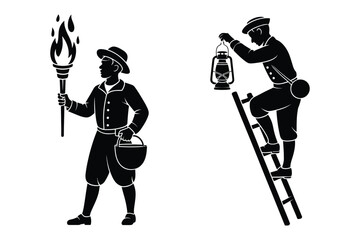 Man with torch and lantern on ladder, historical, old fashioned © Sadek